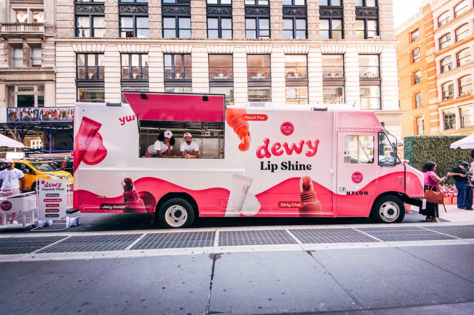 eos x NYLON Dewy Lip Shine branded food truck activation in SoHo, NYC