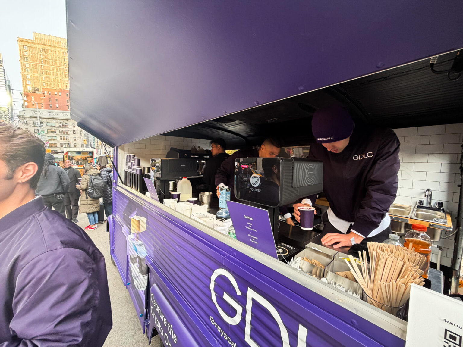 citroen-esspresso-coffe-truck-holiday-pop-up-03 Vintage Citroën HY coffee truck activation for Grayscale in Flatiron Plaza with custom graphics, dual espresso setup, and branded foam printing.