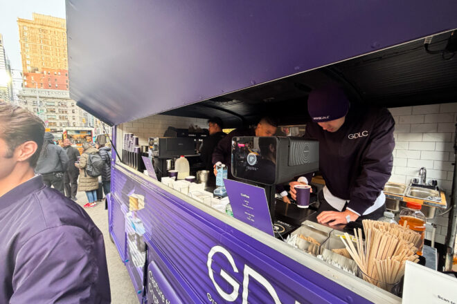 citroen-esspresso-coffe-truck-holiday-pop-up-03 Vintage Citroën HY coffee truck activation for Grayscale in Flatiron Plaza with custom graphics, dual espresso setup, and branded foam printing.