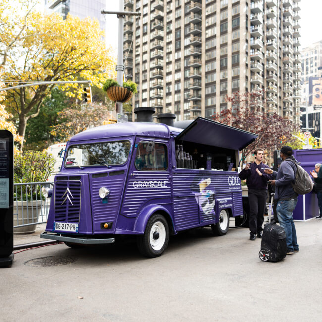 Full experiential setup featuring Citroën coffee truck and modular container studio fabricated by NVS Visuals. Holiday truck pop up holiday activation Citroen food truck