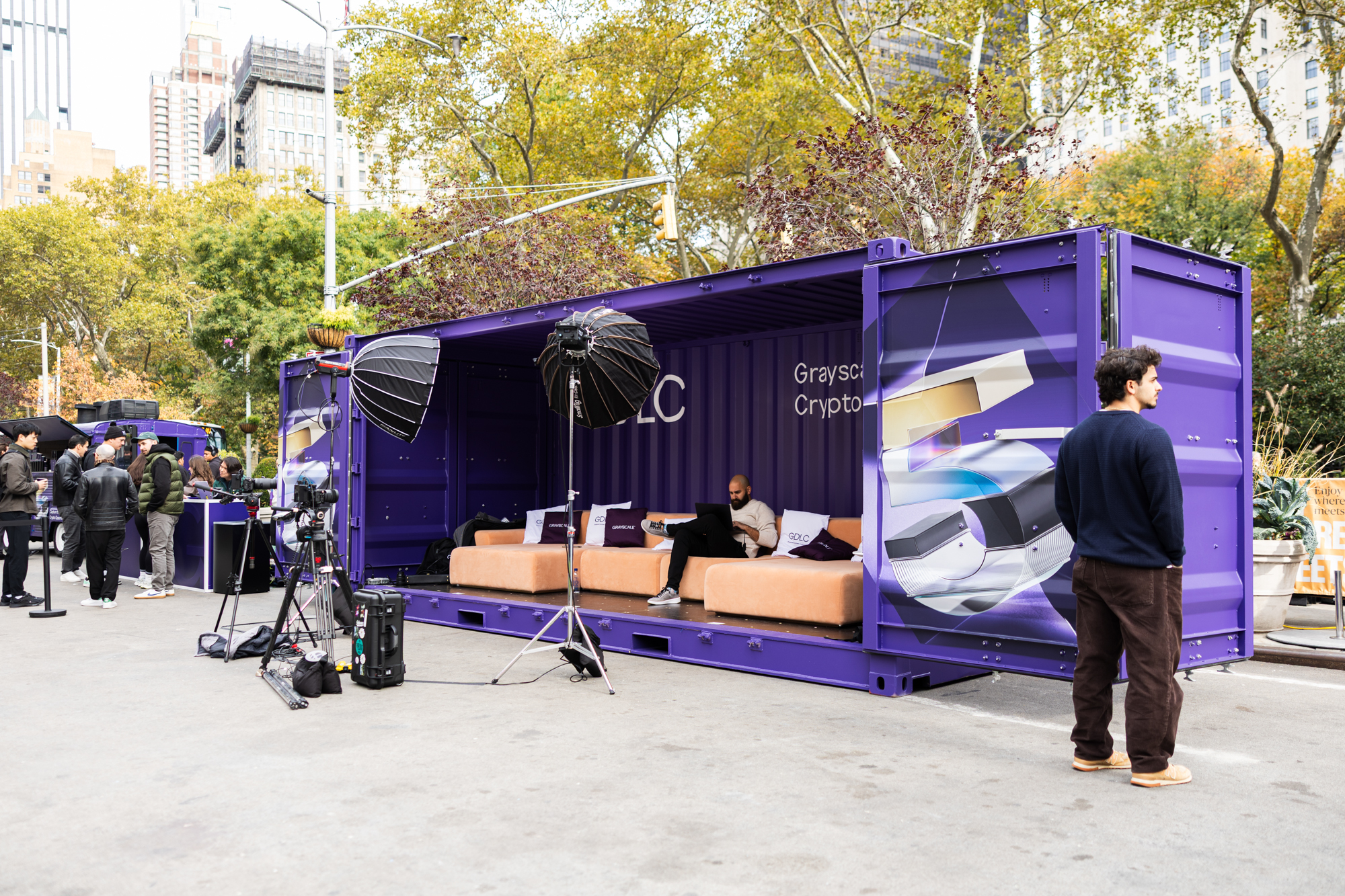 custom branded container activation experiential container pop-up with coffee station and bodcats