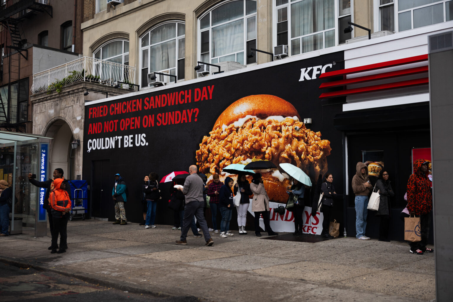 Kfc Sundays Pop Up Nyc Brand Takeover Activation Branded pop up exterior transformation of KFC Sundays featuring 36-foot mural and LED marquee by NVS Visuals.