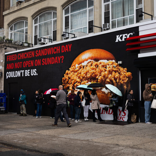 Branded pop up exterior transformation of KFC Sundays featuring 36-foot mural and LED marquee by NVS Visuals.