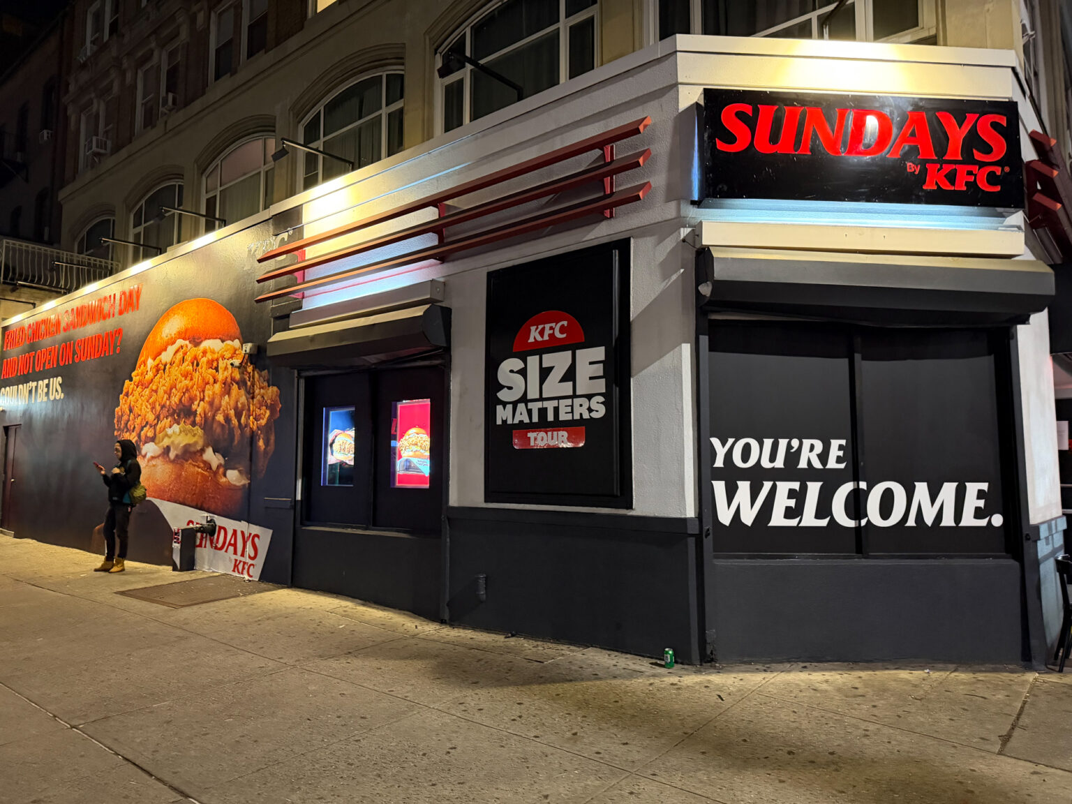 Kfc Sundays Pop Up Nyc Brand Takeover Activation Interior brand takeover pop up with custom grasscloth wallpaper, LED frames, and scenic flats fabricated by NVS Visuals.