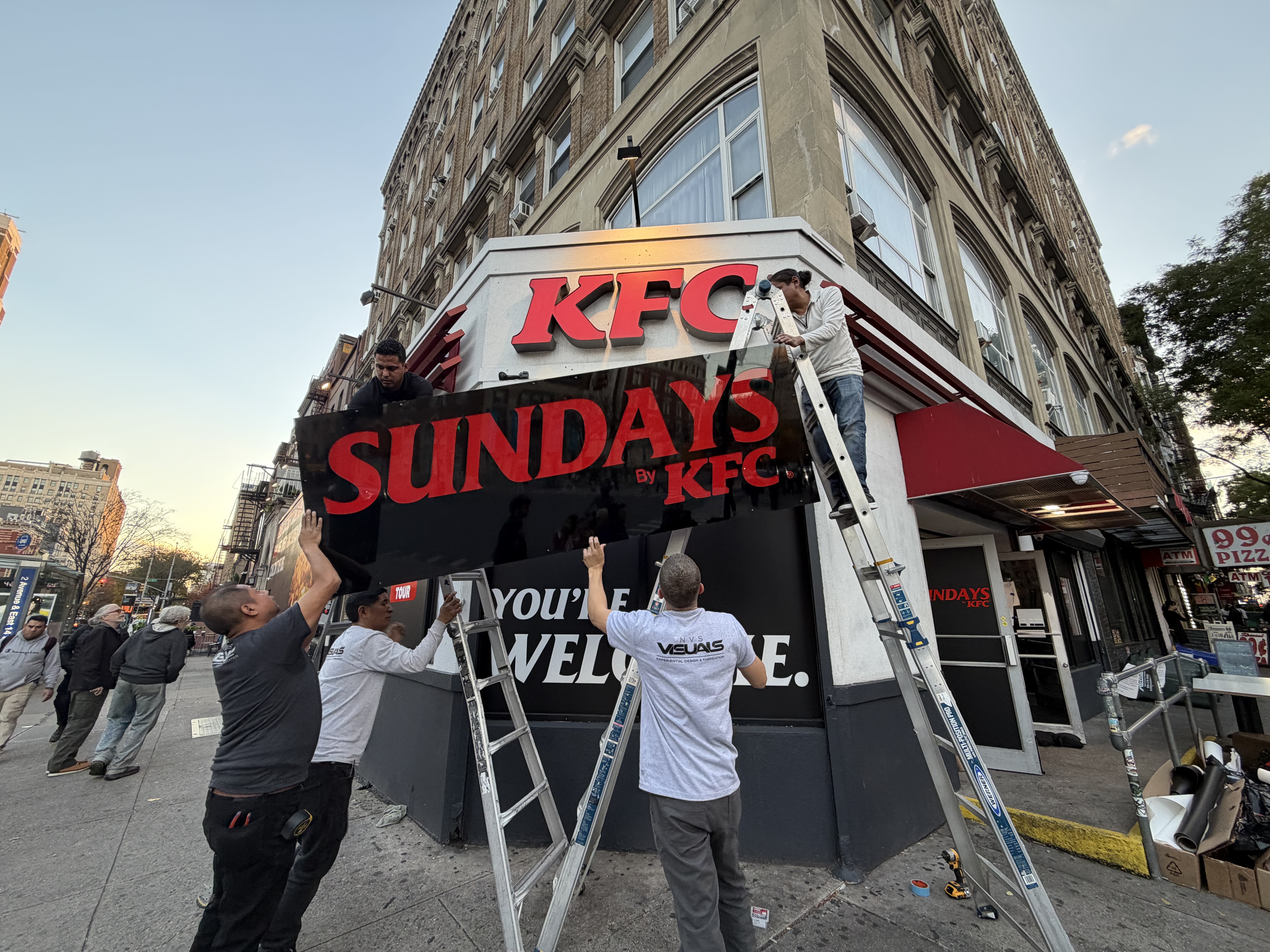 Kfc Sundays Exterior Install Night KFC Sundays exterior LED marquee install at night — NVS Visuals crew