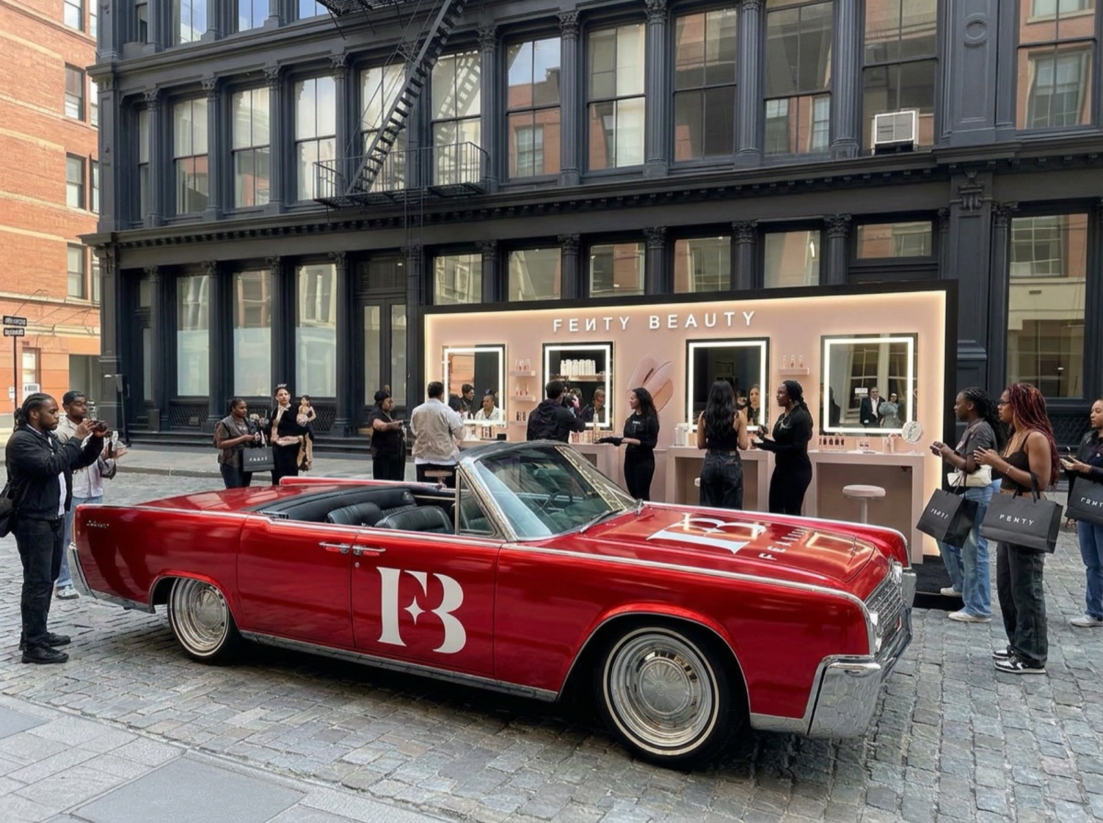 1964 Lincoln Continental Beauty Bar Concept Concept render of red Continental convertible at a beauty bar activation with vanity stations