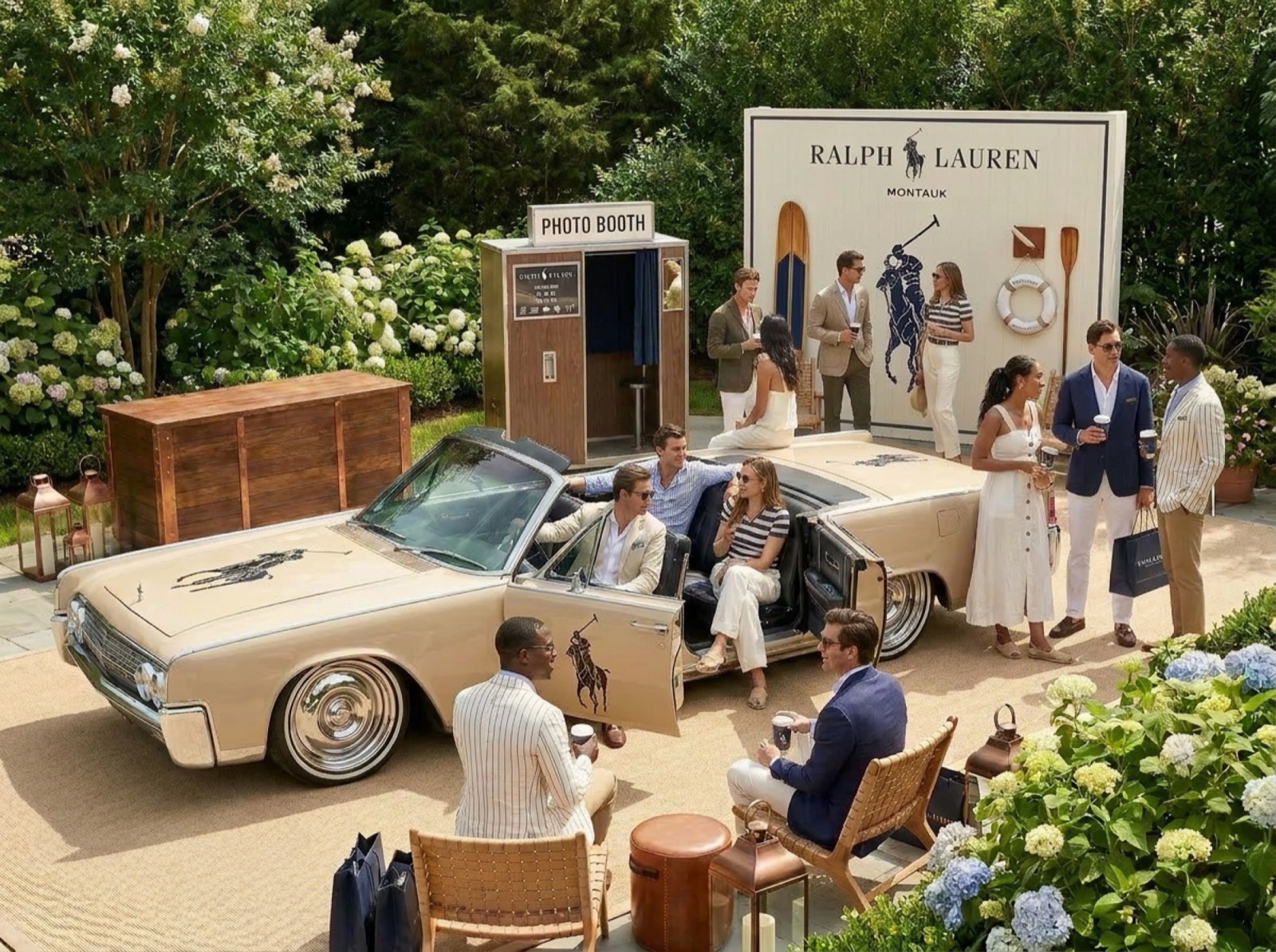 1964 Lincoln Continental Garden Party Concept Concept render of cream Continental convertible at a coastal garden party with a photo booth