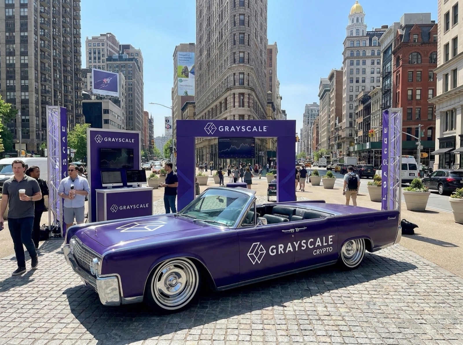 1964 Lincoln Continental Grayscale Activation 1964 Lincoln Continental convertible wrapped purple for a Grayscale activation at Flatiron in NYC