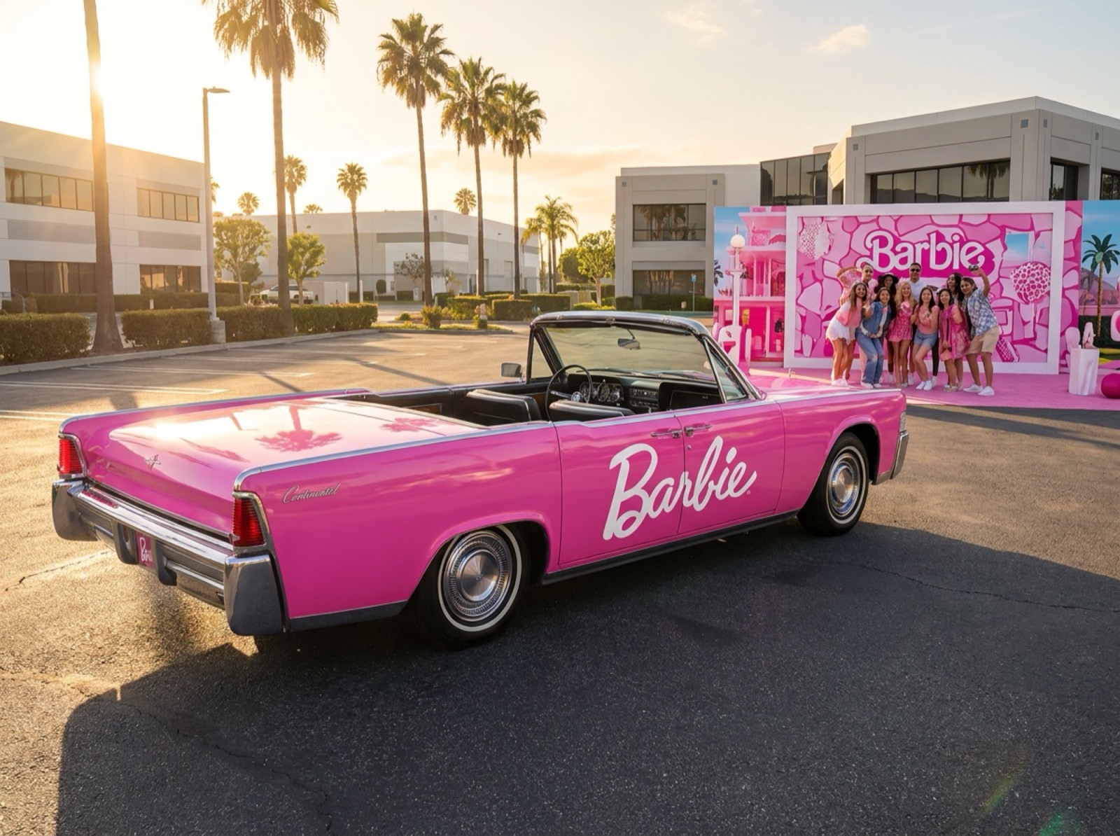 1964 Lincoln Continental Pink Concept Concept render of pink Continental convertible with palm trees and a branded backdrop