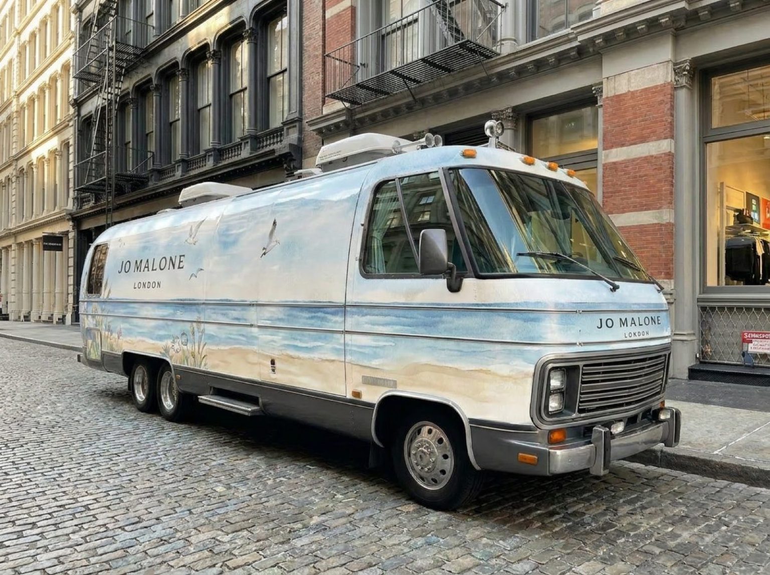 1984 Airstream Rv Fragrance Concept Concept render of Airstream RV wrapped as a fragrance beach scene on SoHo cobblestone
