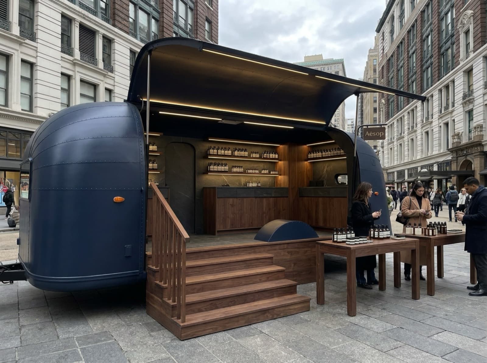 22' Gullwing Airstream — fragrance apothecary concept Concept render of 22' Gullwing Airstream wrapped navy as a premium fragrance and apothecary pop-up