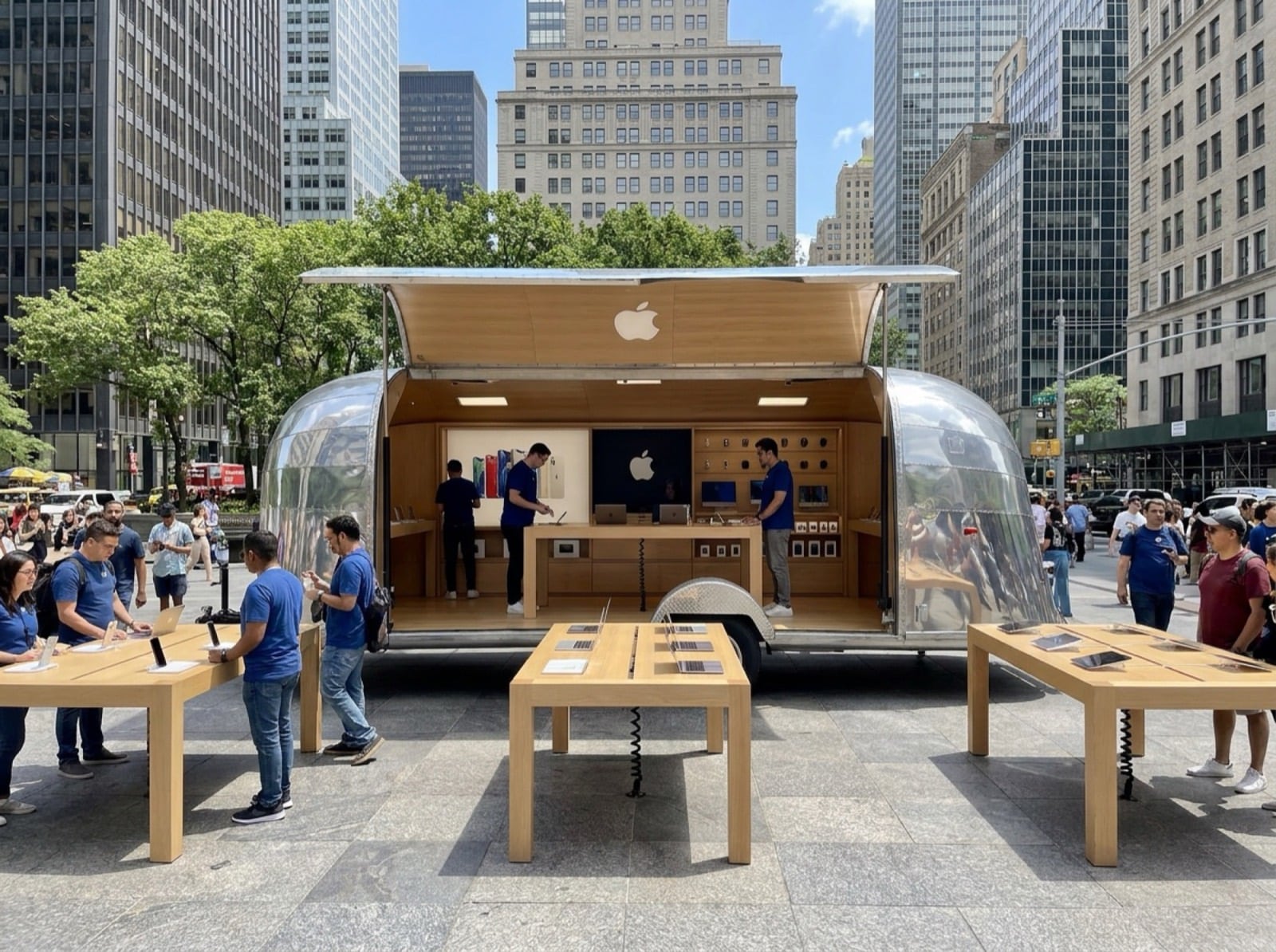 22' Gullwing Airstream — tech retail pop-up concept Concept render of 22 foot Gullwing Airstream as a tech retail pop-up with wooden display tables