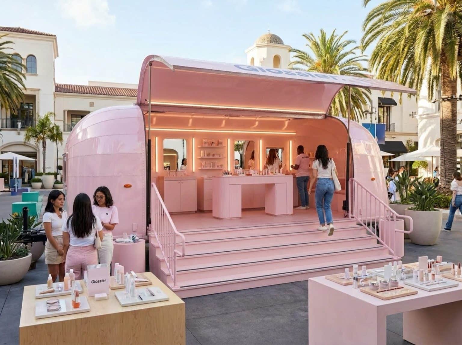 22 Gullwing Airstream Glossier Concept Concept render of 22 foot Gullwing Airstream wrapped pink as a beauty bar pop-up