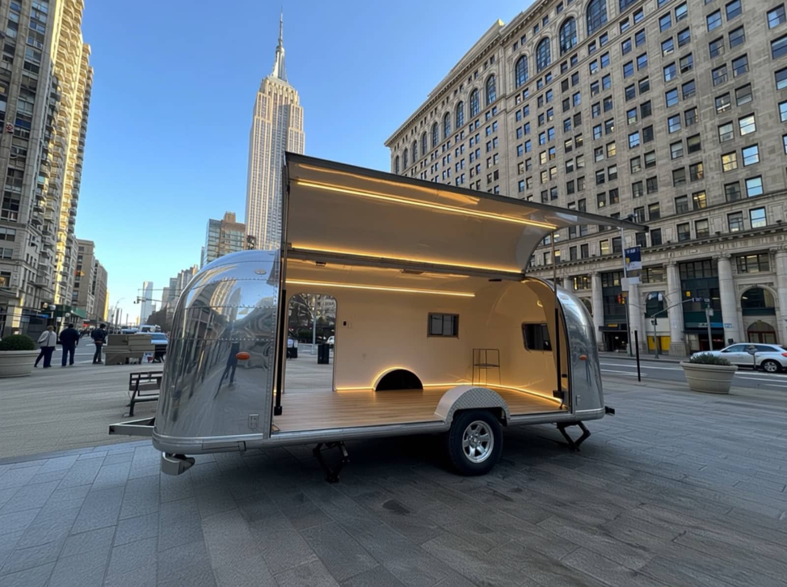 22' Gullwing Airstream — gullwing open, polished 22' Gullwing Airstream with single-side gullwing open, polished aluminum, pre-branding