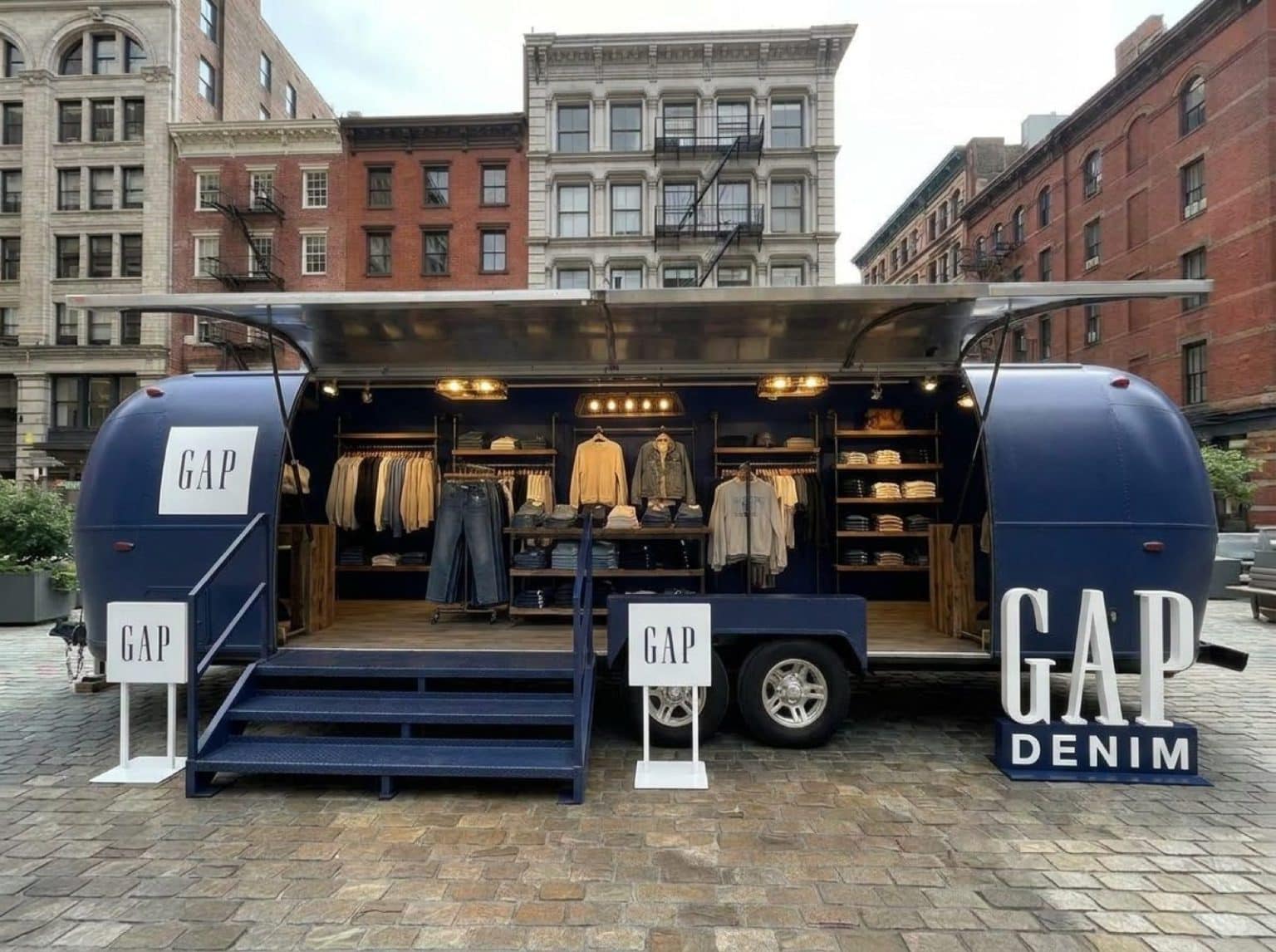 31 Gullwing Airstream Denim Popup Concept Concept render of Gullwing Airstream as a denim retail pop-up with navy exterior