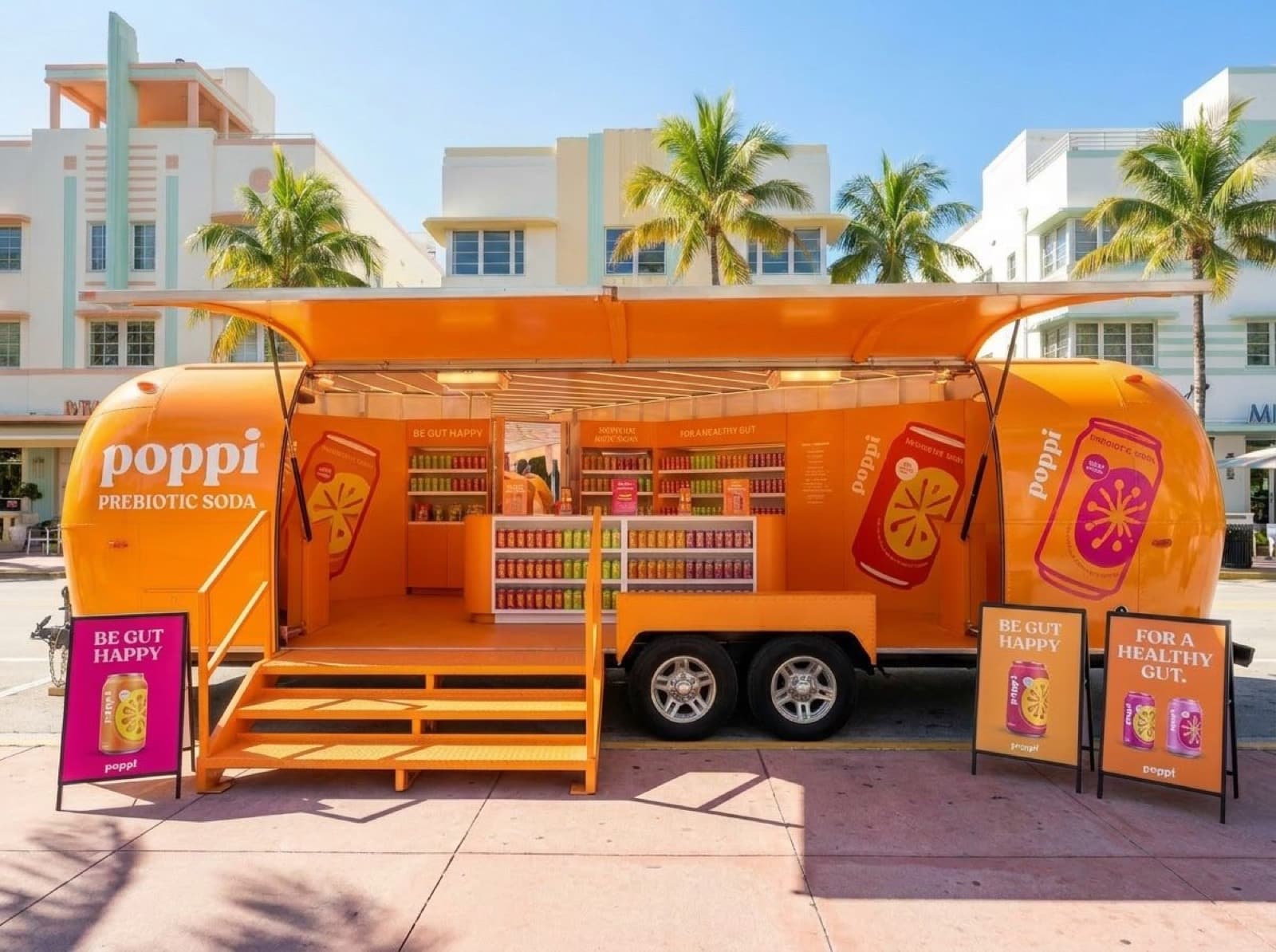 31' Gullwing Airstream — Poppi activation 31 foot Gullwing Airstream wrapped bright orange for Poppi Prebiotic Soda, Miami Beach activation