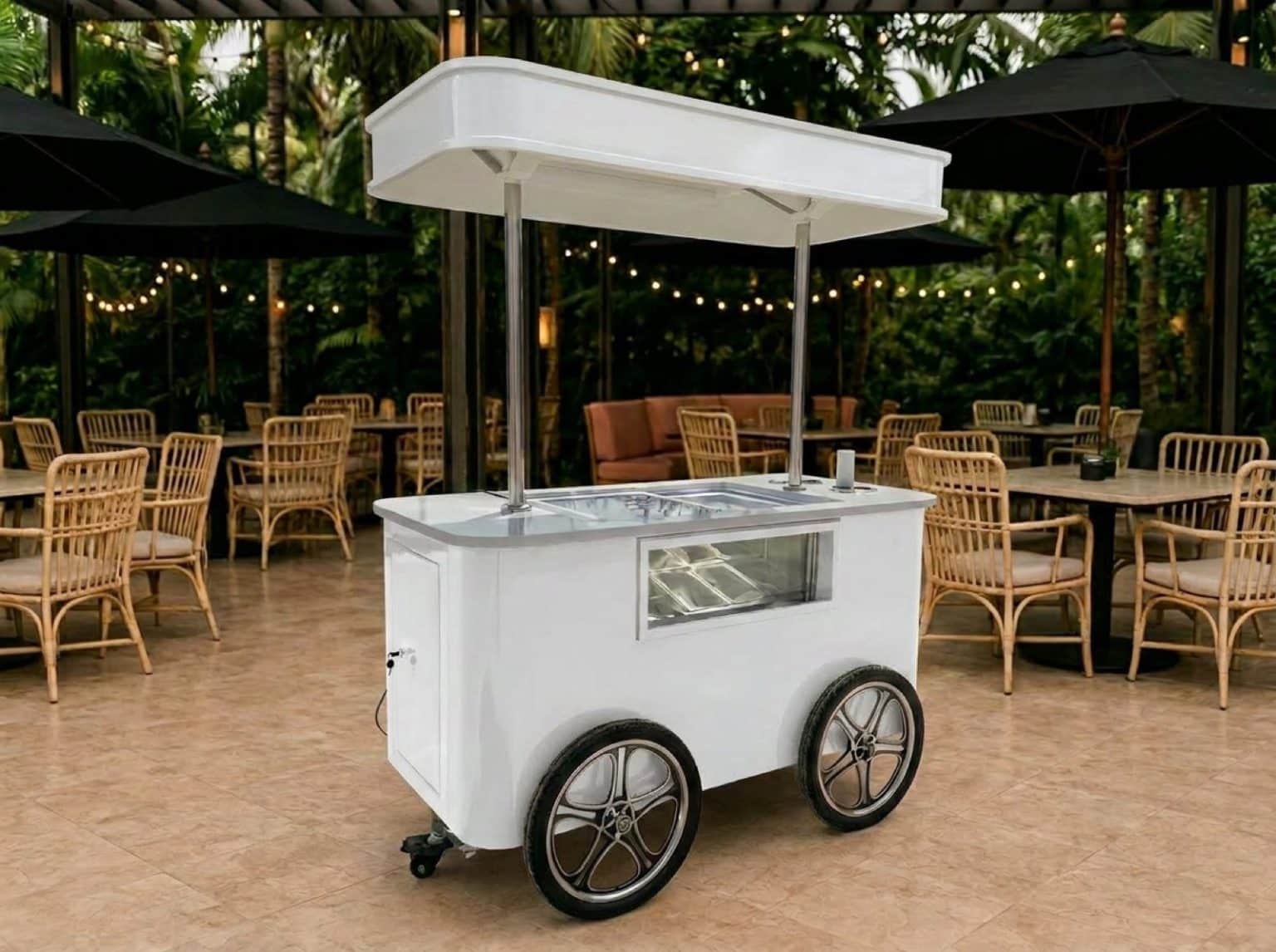 Sampling Cart Branded Activations Branded sampling cart with refrigerated display case, canopy and umbrellas — NVS Visuals