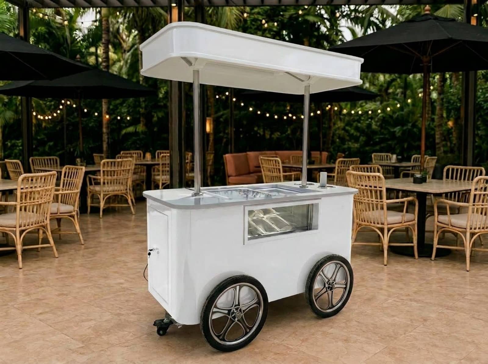 sampling-cart-branded-activations Branded sampling cart with refrigerated display case, canopy and umbrellas — NVS Visuals