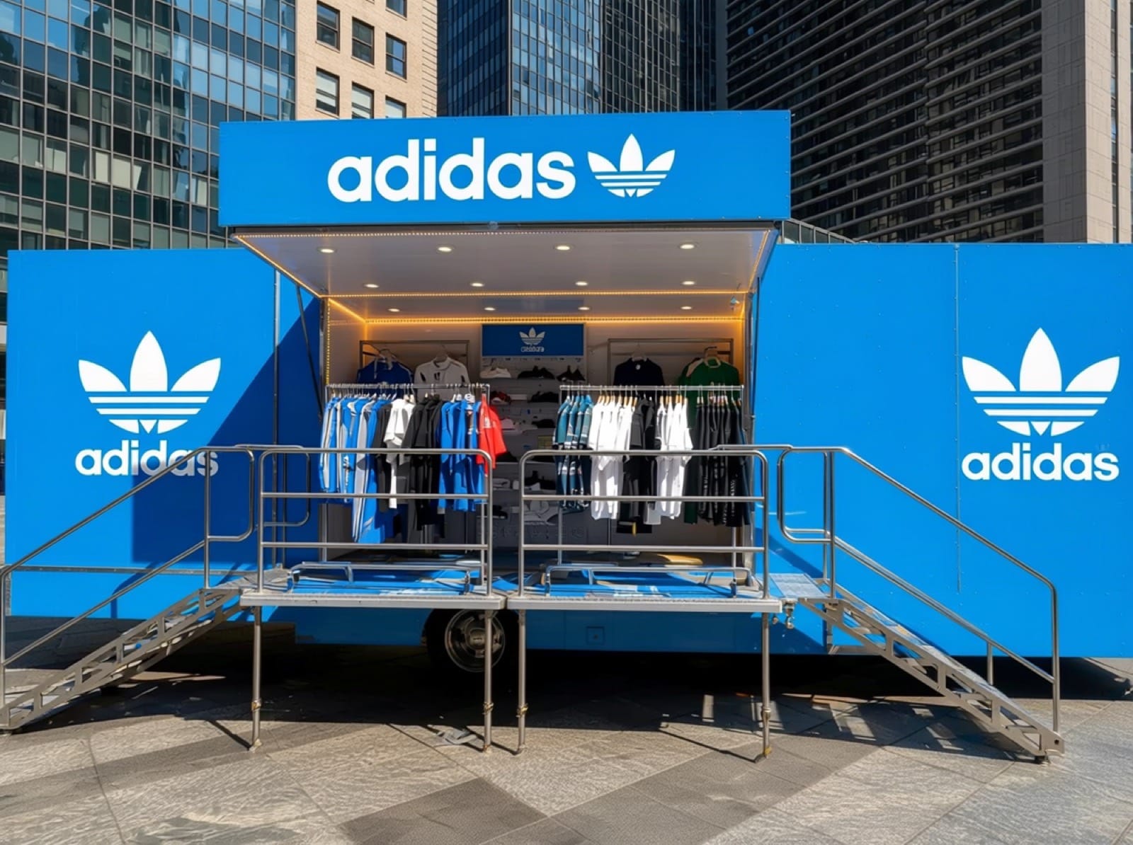 Stage Box Truck Adidas Pop Up Stage box truck wrapped for an Adidas Originals pop-up with apparel display floor