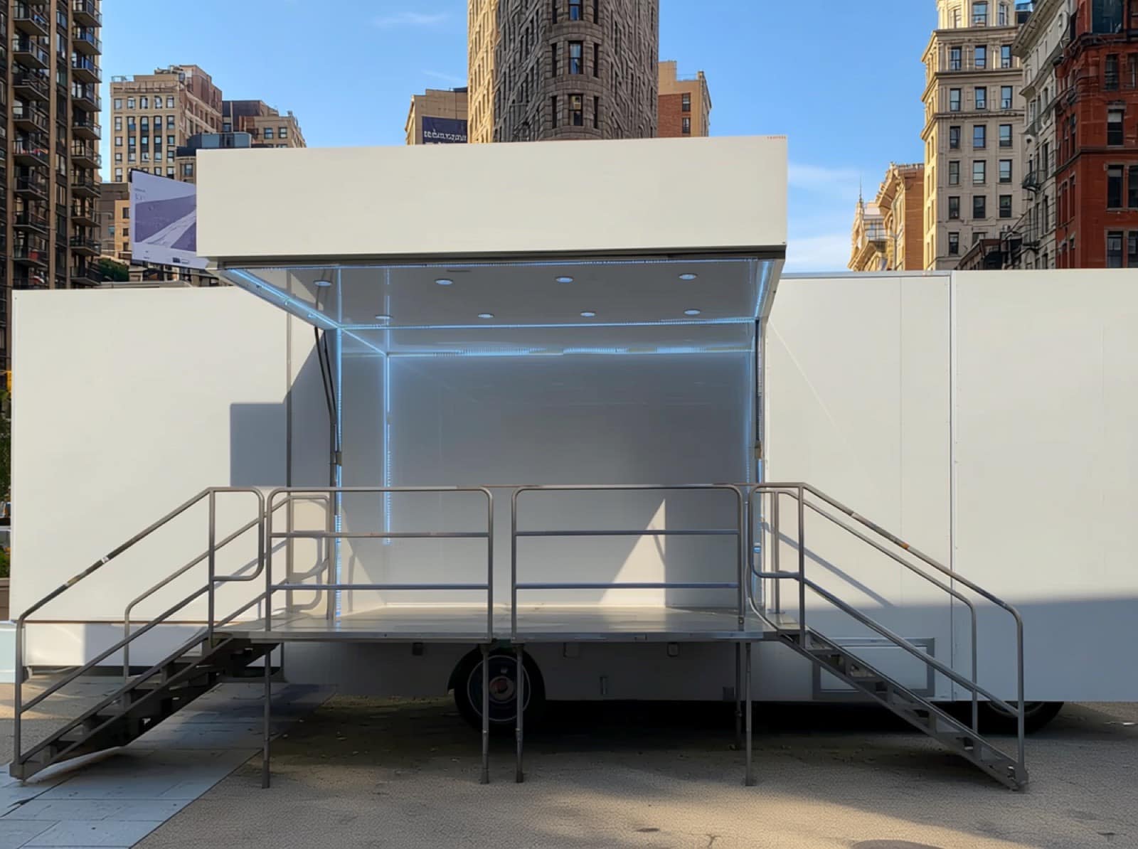 Stage Box Truck Awning Deployed Stage box truck with hydraulic side wall lifted into an awning, exposing the walk-up retail floor