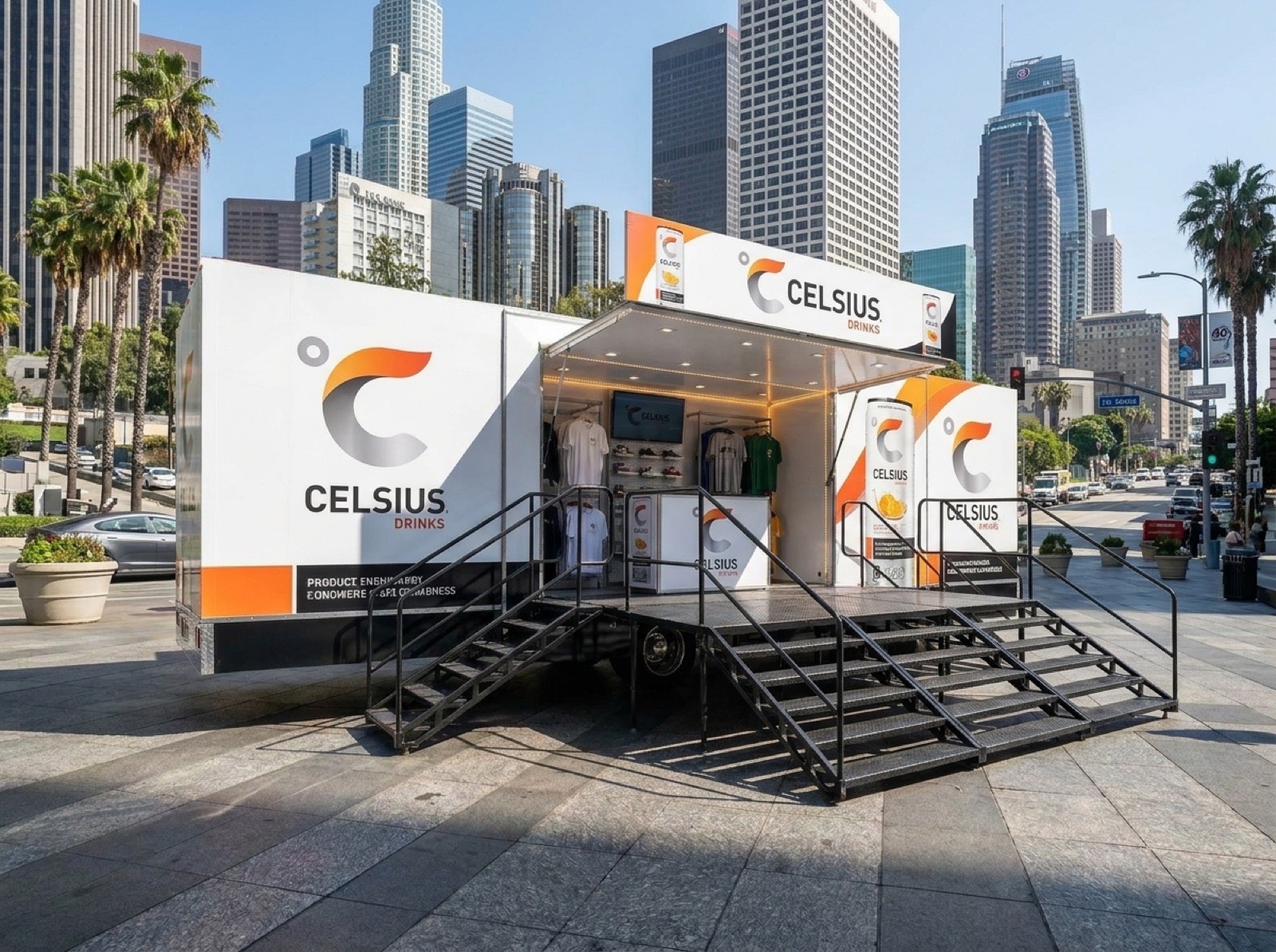 Stage Box Truck Celsius Pop Up Stage box truck wrapped for a Celsius beverage pop-up, angled deploy