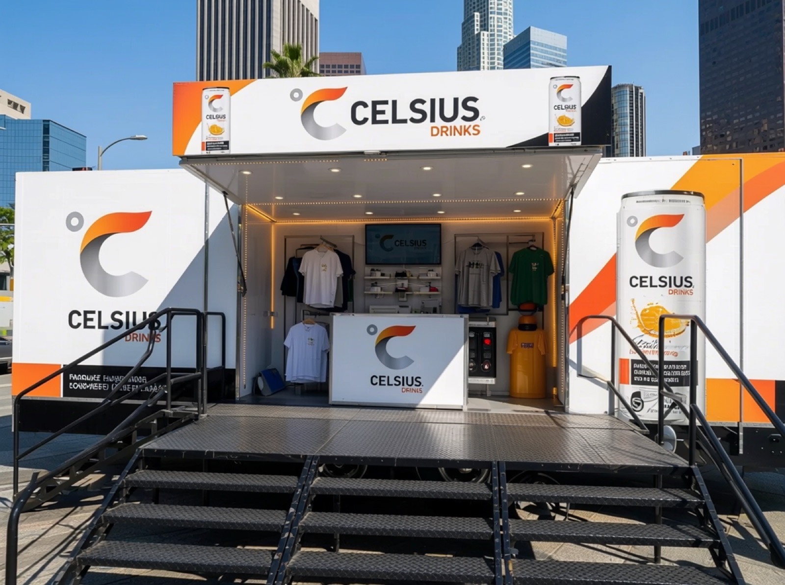 Stage Box Truck Celsius Service Floor Celsius-branded stage box truck with walk-up service floor