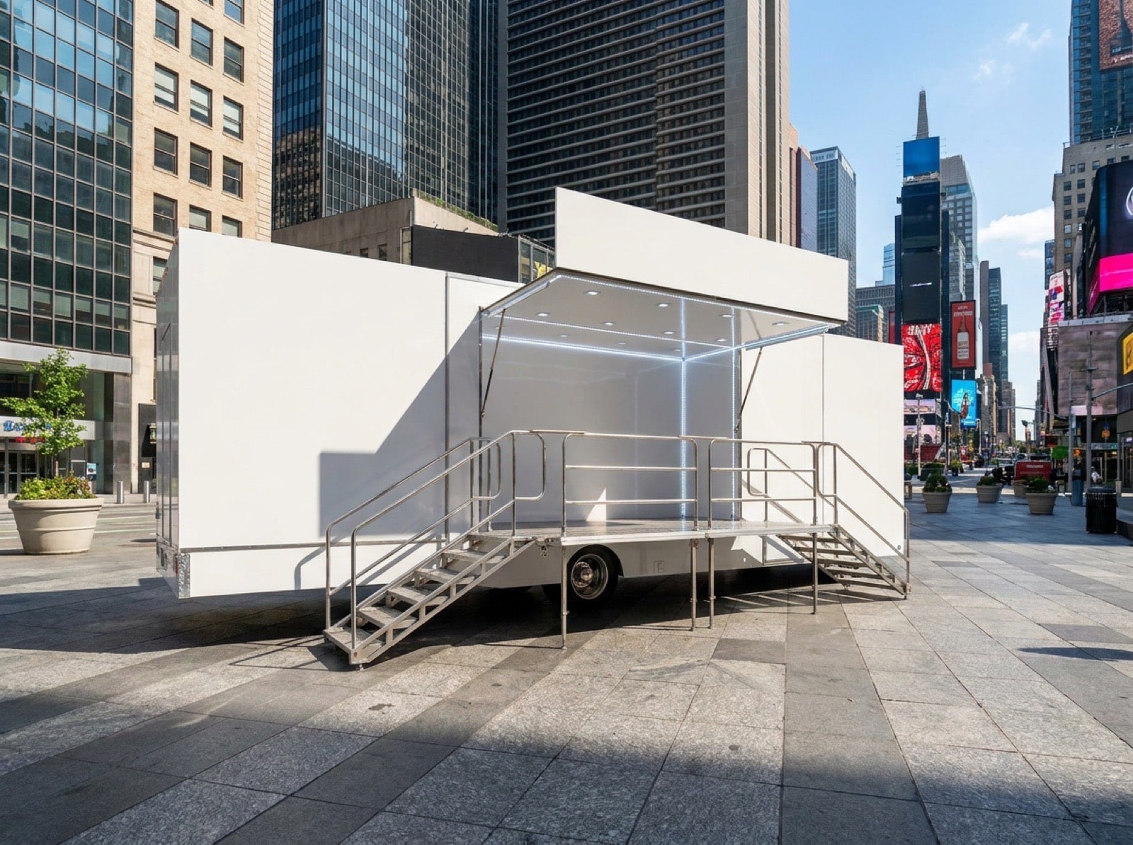 Stage Box Truck Naked Closed Stage box truck, clean white exterior with hydraulic side wall closed, before branding