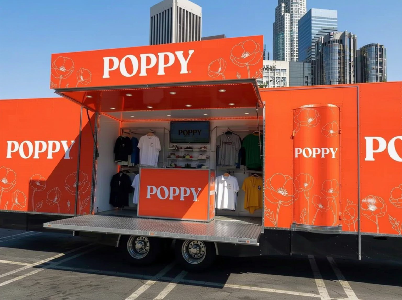 Stage Box Truck Poppi Drop Stage box truck wrapped for a Poppi lifestyle drop with apparel floor