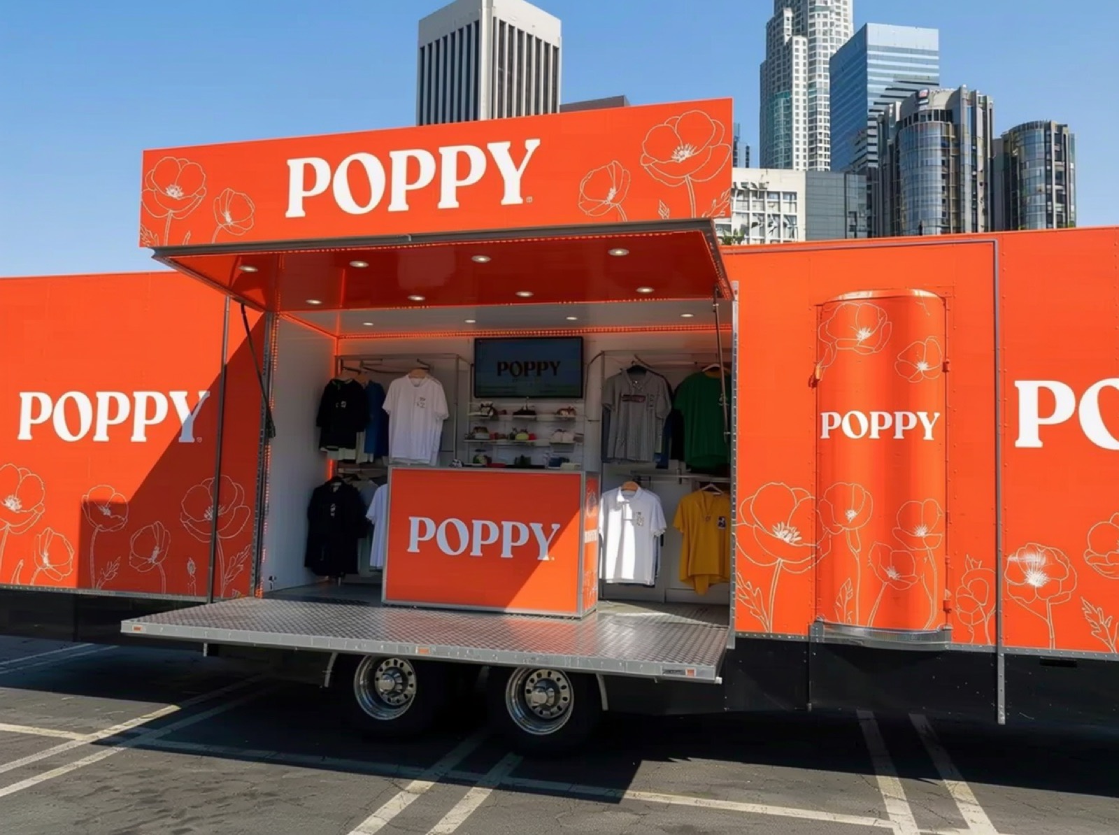 Stage Box Truck Poppi Drop Stage box truck wrapped for a Poppi lifestyle drop with apparel floor