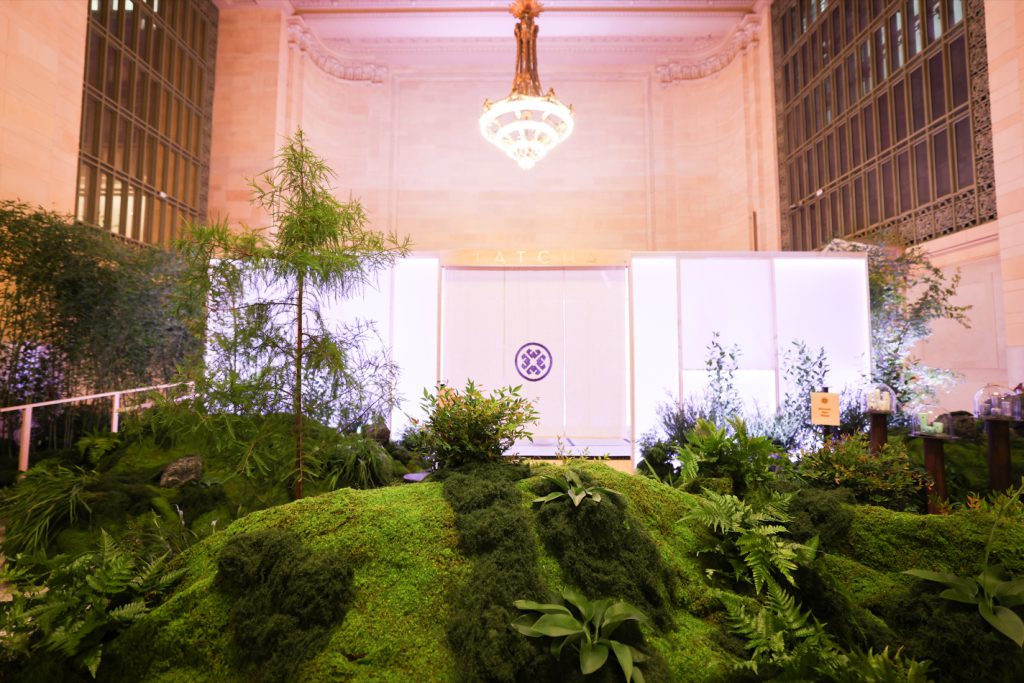 Moss hillside and plexiglass tea pavilion beneath the Vanderbilt Hall chandelier, Grand Central Moss hillside and plexiglass tea pavilion beneath the Vanderbilt Hall chandelier, Grand Central