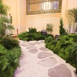 Custom-printed stepping-stone roji pathway on concrete-texture vinyl, Tatcha Grand Central