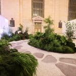 Printed roji stepping-stone pathway and stacked-stone speaker enclosure, Tatcha Grand Central