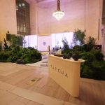 White oak veneer Tatcha welcome desk and moss garden in Vanderbilt Hall
