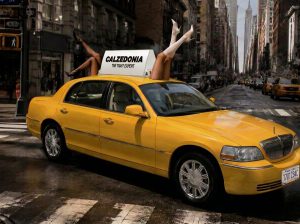 Design mockup of the Calzedonia yellow cab with legs roof topper