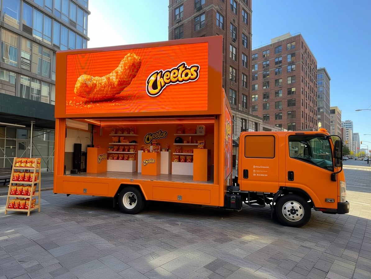 Cheetos LED stage truck concept Concept render: LED Stage Truck wrapped orange as Cheetos with sampling counter