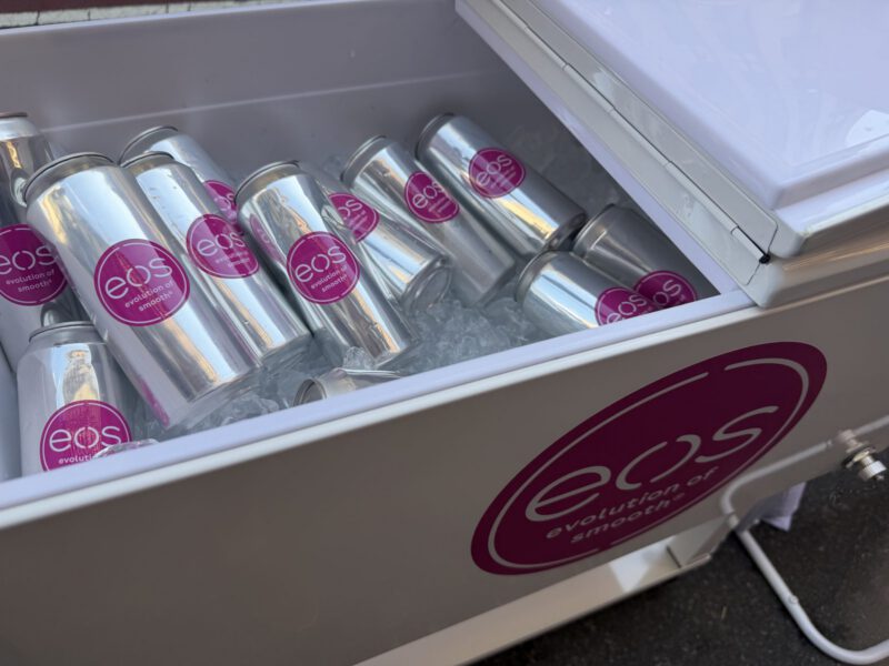 eos cans in branded cooler eos aluminum cans on ice in the branded eos cooler
