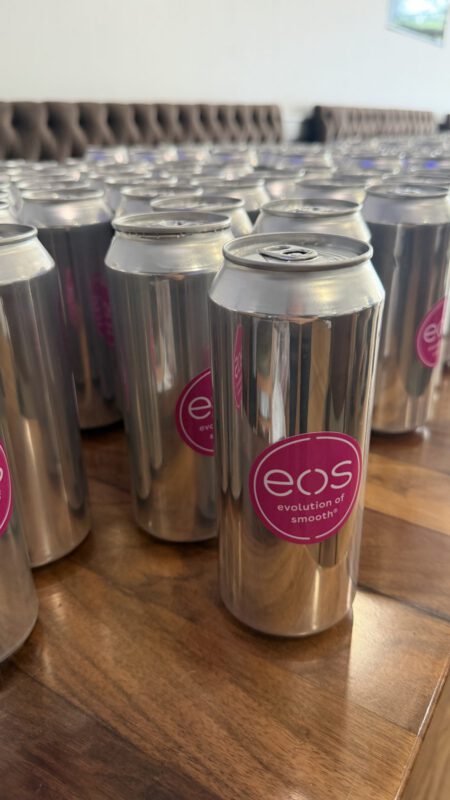 eos aluminum cans lineup Filled eos aluminum cans lined up after canning