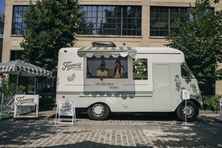 Farmacy x Sephora froyo truck with scalloped awning in Chelsea, New York