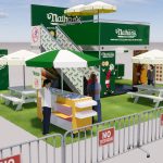 NVS Visuals 3D design render of the Nathan's Famous double-deck pop-up structure at Yankee Stadium
