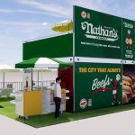 NVS Visuals 3D design render of the Nathan's Famous double-deck pop-up structure at Yankee Stadium