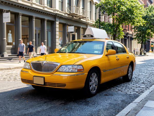 Vintage NYC yellow cab rental front Vintage NYC yellow cab (Lincoln Town Car era) with roof taxi light on a SoHo cobblestone street