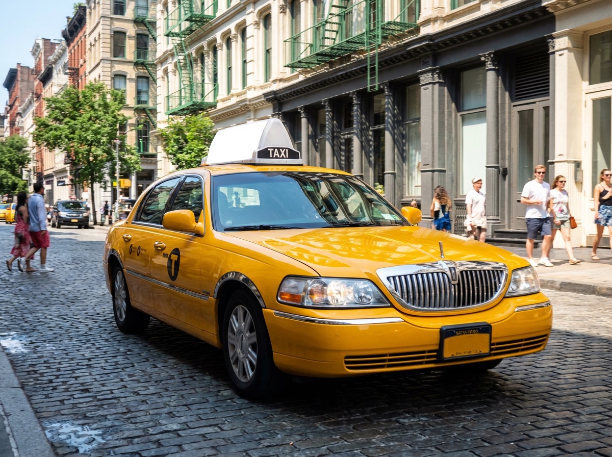 Vintage NYC yellow cab on a SoHo street Vintage NYC yellow taxi with roof taxi light driving down a SoHo street