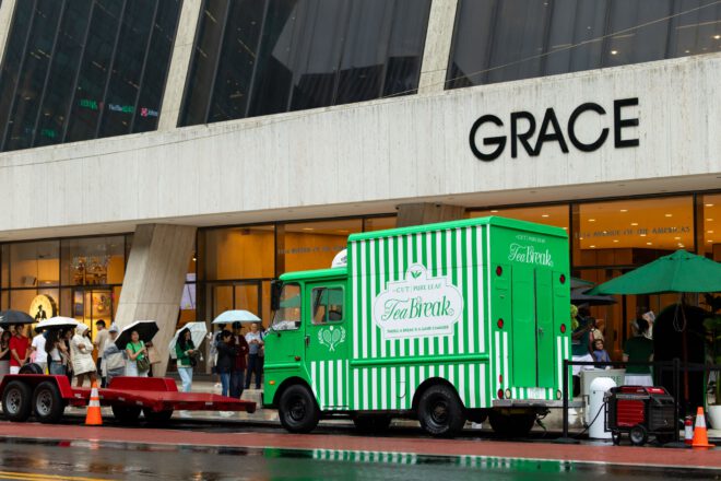 Pure Leaf × The Cut Mack mocktail truck, Bryant Park Pure Leaf x The Cut branded 1968 Mack step truck serving mocktails in Bryant Park NYC